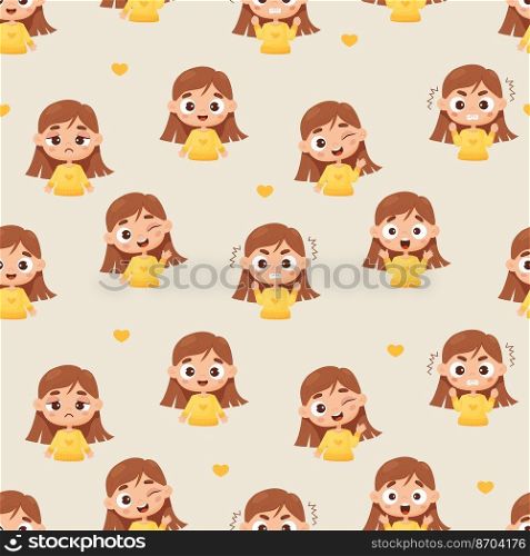 Seamless pattern with cute fair-skinned girl in cartoon style with different emotions - joy, happiness, anger, shock and tears on light yellow background. Vector illustration. Cute kids collection