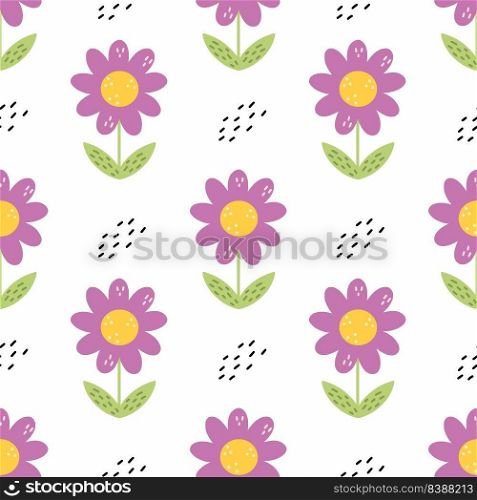 Seamless pattern with cute flower. Chamomile on white background. Print for sewing clothes and printing on fabric. Wallpaper in nursery.