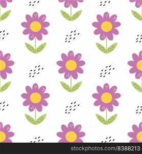 Seamless pattern with cute flower. Chamomile on white background. Print for sewing clothes and printing on fabric. Wallpaper in nursery.
