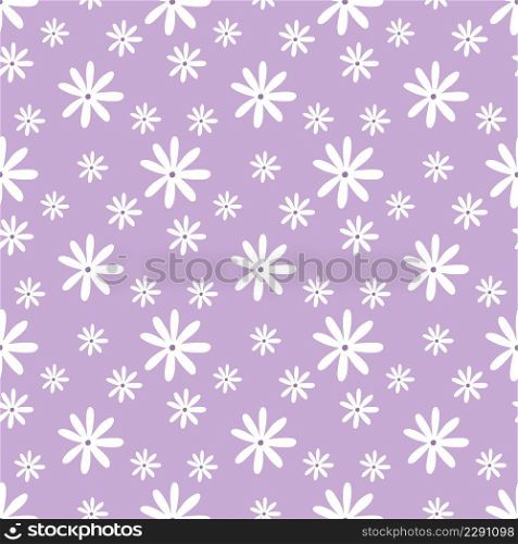 Seamless pattern with cute flowers on purple background. Wallpaper for sewing clothes, printing on fabric and packaging paper. Daisy in  style of doodle.