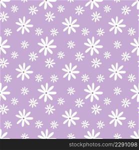 Seamless pattern with cute flowers on purple background. Wallpaper for sewing clothes, printing on fabric and packaging paper. Daisy in  style of doodle.