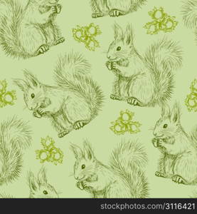 Seamless pattern with Cute fluffy squirrels and nuts