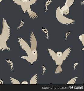 Seamless pattern with cute flying owls and hand drawn decorative elements. Vector illustration for greeting cards, wrapping paper, textile. Seamless pattern with cute flying owls and hand drawn decorative elements