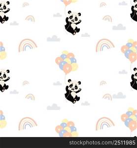 Seamless pattern with cute flying panda on balloons on white background with clouds and rainbow. Vector illustration. Scandinavian kids collection for design, decor, packaging, wallpaper and textile