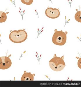 Seamless pattern with cute forest animals fox, deer, bear and hedgehog. Cute design with animal faces for cloth prints, wallpaper, wrapping paper. Seamless pattern with cute forest animals fox, deer, bear and hedgehog