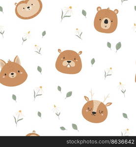 Seamless pattern with cute forest animals fox, deer, bear, beaver and hedgehog. Cute design with animal faces for cloth prints, wallpaper, wrapping paper. Seamless pattern with cute forest animals fox, deer, bear, beaver and hedgehog