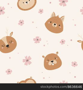 Seamless pattern with cute forest animals fox, deer, beaver and hedgehog. Cute design with animal faces for cloth prints, wallpaper, wrapping paper. Seamless pattern with cute forest animals fox, deer, beaver and hedgehog
