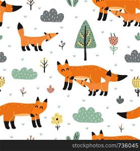 Seamless pattern with cute foxes - mother and baby. Great for fabric and textile design. Vector illustration