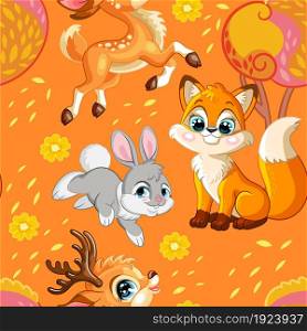 Seamless pattern with cute funny animals characters deer, fox, rabbit. Autumn forest concept. Vector illustration isolated on orange background. For design, print, decor, wallpaper, linen, textile. Vector seamless pattern with deer, fox, rabbit
