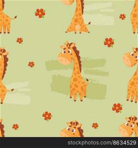 Seamless pattern with cute giraffe on light green background with flowers in cartoon style. Vector illustration for decor, design, print, wallpaper, kids collection, packaging paper, textile