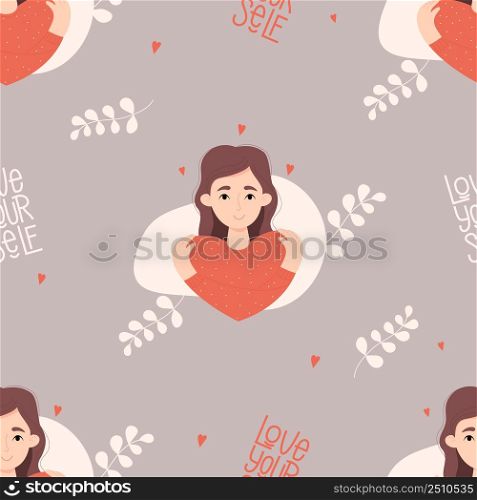 Seamless pattern with cute girl hair hugging herself light purple background with hearts and leaves. Vector illustration. Love yourself and find time for yourself and care for decor, wallpaper
