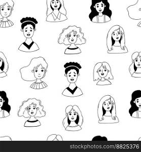 Seamless pattern with cute girls, female portraits on white background. Vector illustration in doodle style for design, packaging, wallpapers, textiles and wrapping paper, printing