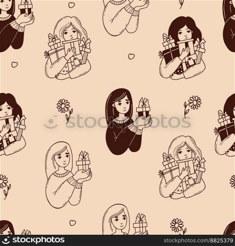 Seamless pattern with cute girls with gifts on beige background. Vector illustration in doodle style for holiday design, packaging, wallpapers, textiles and valentines