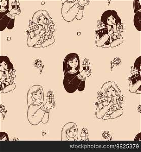 Seamless pattern with cute girls with gifts on beige background. Vector illustration in doodle style for holiday design, packaging, wallpapers, textiles and valentines