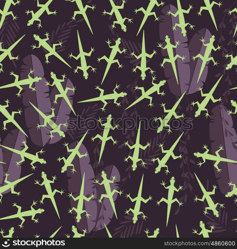 Seamless pattern with cute green rain forest animal gecko lizard, vector illustration