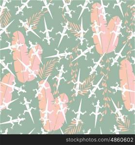 Seamless pattern with cute green rain forest animal gecko lizard, vector illustration