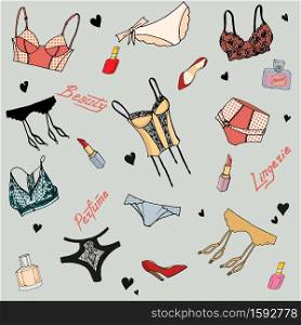 Seamless pattern with cute hand drawn lingerie, cosmetics and perfume on grey background. - Vector