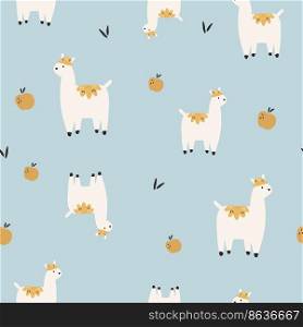Seamless pattern with cute hand drawn llamas, alpacas. Funny design with animal faces for cloth prints, wallpaper, wrapping paper. Seamless pattern with cute hand drawn llamas, alpacas and apples