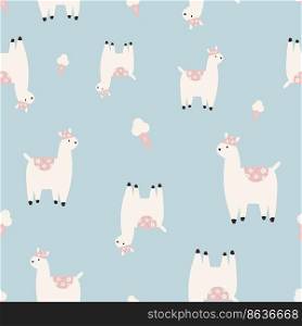 Seamless pattern with cute hand drawn llamas, alpacas and ice cream. Funny design with animals for cloth prints, wallpaper, wrapping paper. Seamless pattern with cute hand drawn llamas, alpacas and ice cream