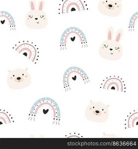 Seamless pattern with cute hand drawn rabbits, polar bears and rainbows. Funny design with animal faces for cloth prints, wallpaper, wrapping paper. Seamless pattern with cute hand drawn rabbits, polar bears and rainbows