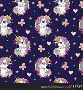 Seamless pattern with cute heads of unicorns and butterflies isolated on navy background. Vector illustration for party, print, baby shower, wallpaper, design, decor,design cushion, linen, dishes. Seamless pattern with heads of unicorns and butterflies navy vector