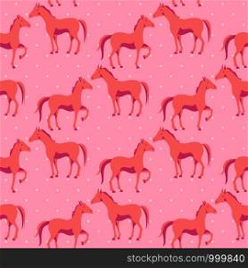Seamless pattern with cute horse on a pink polka dot background