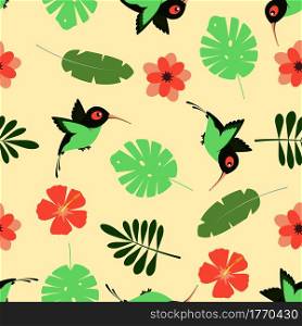 Seamless pattern with cute hummingbird and exotic flowers and leaves, background with birds and tropical elements
