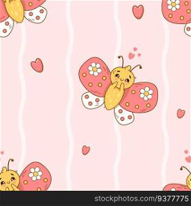 Seamless pattern with cute in love butterfly on light pink background. Groovy vector Illustration for kids collection, wallpaper, design, textile, packaging, decor