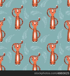 Seamless pattern with cute jungle orange tiger on blue background, vector illustration