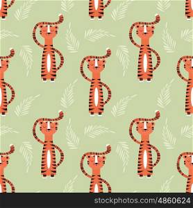 Seamless pattern with cute jungle orange tiger, vector illustration