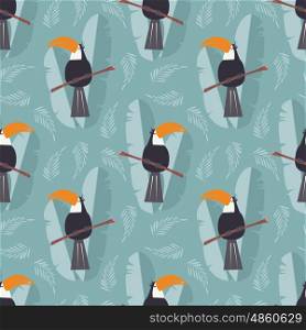 Seamless pattern with cute jungle parrot toucan on blue background, vector illustration