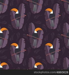 Seamless pattern with cute jungle parrot toucan on purple background, vector illustration