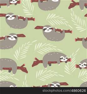 Seamless pattern with cute jungle sloths on green background, vector illustration