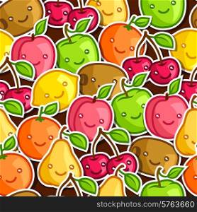 Seamless pattern with cute kawaii smiling fruits stickers.. Seamless pattern with cute kawaii smiling fruits stickers