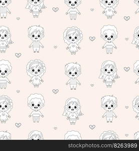 Seamless pattern with cute kids. Funny boys and girls on light background. Vector illustration. Linear hand drawing, outline. Childrens collection