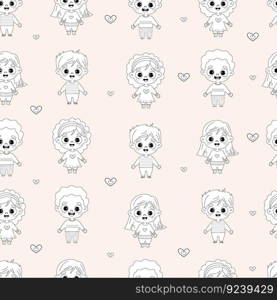 Seamless pattern with cute kids. Funny boys and girls on light background. Vector illustration. Linear hand drawing, outline. Childrens collection