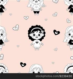 Seamless pattern with cute kids. Funny happy girls on light pink background with hearts. Vector illustration. hand drawing doodle. Childrens collection for design, textile, wallpaper, packaging 