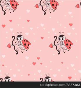 Seamless pattern with cute ladybug. Cupid insect ladybird with an arrow on pink background. Vector illustration. romantic endless background valentine