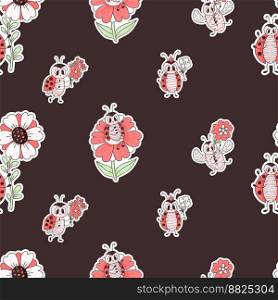 Seamless pattern with cute ladybug. Funny insects ladybird with flowers on black background. Vector illustration. Endless background for wallpaper, packaging, print, design