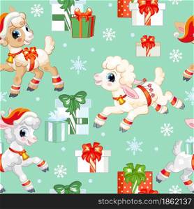 Seamless pattern with cute lamb character, gifts and snowflakes. Winter Christmas concept. Vector illustration isolated on turquoise background.For design, print, decor, wallpaper,linen,dishes,textile. Vector seamless pattern with baby Christmas lamb
