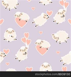 Seamless pattern with cute lambs on light purple background with hearts. Vector illustration. Endless background with cartoon farm animals for valentines, wallpapers, packaging, print, kids collection