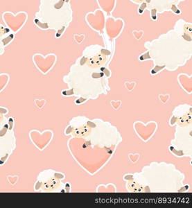 Seamless pattern with cute lambs on soft pink background with hearts. Vector illustration. Endless background for valentines, wallpapers, packaging, print, childrens collection