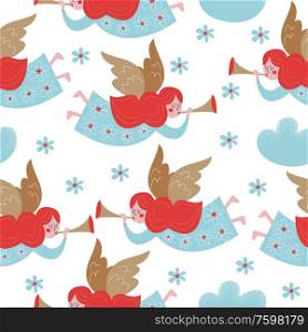 Seamless pattern with cute little angels. Vector stylized illustration on a white background. For printing fabric, paper.. Spring seamless pattern. Vector cute illustration. For printing on fabric or paper. Patterns for clothing, Wallpaper, wrapping paper, tablecloths.