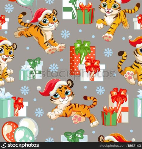 Seamless pattern with cute little tigers character, gifts and snowflakes. Winter Christmas concept. Vector illustration isolated on gray background. For design, print, decor, wallpaper,linen,textile. Vector seamless pattern with cute Christmas tigers