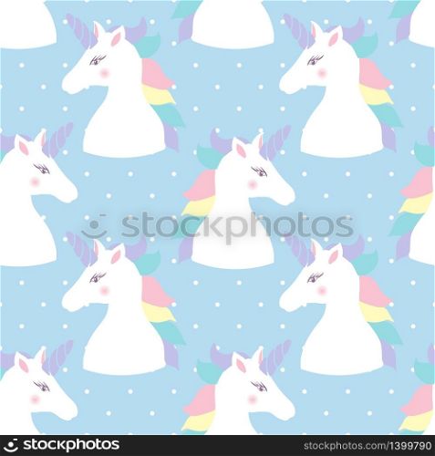 Seamless pattern with cute magical horses on a blue background. Unicorn. For the design of fabrics, wallpapers and scrapbooking. Vector. Seamless pattern with sea horses on a blue background. Unicorn. For the design of fabrics, wallpapers and so on. Vector