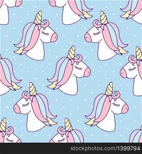 Seamless pattern with cute magical horses on a blue background. Unicorn. For the design of fabrics, wallpapers and so on. Vector. Seamless pattern with sea horses on a blue background. Unicorn. For the design of fabrics, wallpapers and so on. Vector