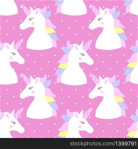 Seamless pattern with cute magical horses on a pink background. Unicorn. For the design of fabrics, wallpapers. Vector. Seamless pattern with sea horses on a blue background. Unicorn. For the design of fabrics, wallpapers and so on. Vector