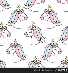 Seamless pattern with cute magical horses on a white background. Unicorn. For the design of fabrics, wallpapers. Vector. Seamless pattern with sea horses on a blue background. Unicorn. For the design of fabrics, wallpapers and so on. Vector
