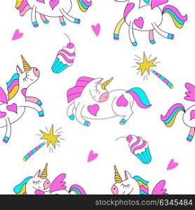 Seamless pattern with cute magical unicorns. Vector illustration. Unicorns, rainbows, clouds, magic wand.