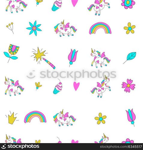 Seamless pattern with cute magical unicorns. Vector illustration. Unicorns, rainbows, clouds, magic wand. Beautiful patterns for print on textile, wrapping paper